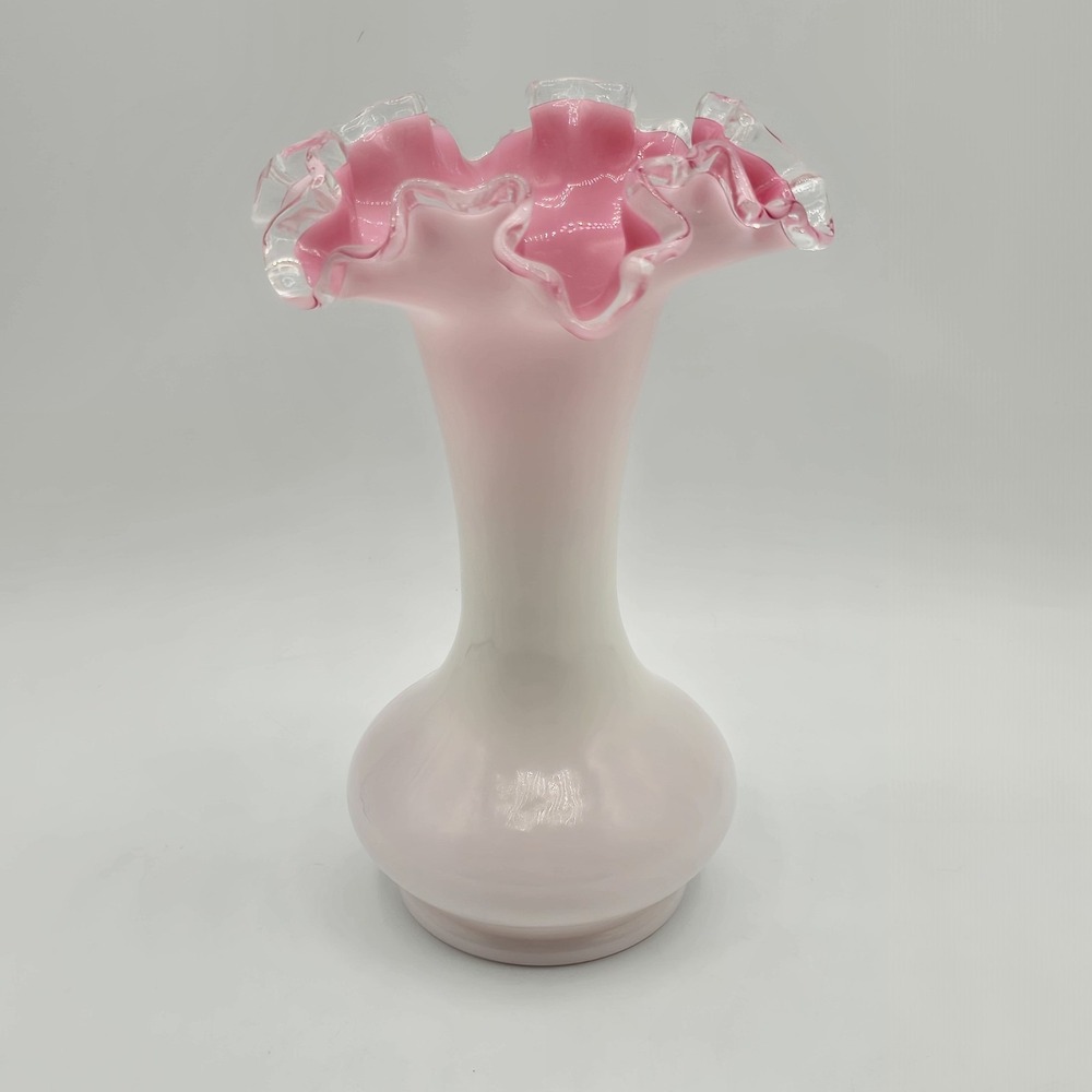 Fenton Peach Crest White And Pink Glass Double Ruffled Crimped 8" Vase Vintage